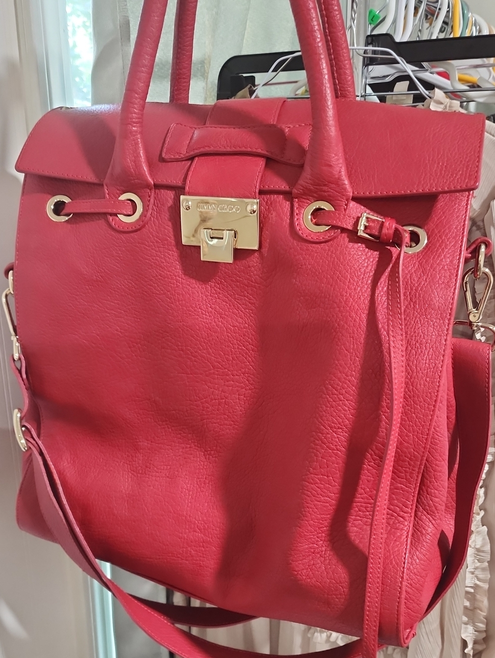 Jimmy Choo Red Pebbled Leather Satchel with Gold Hardware and Bow Accent